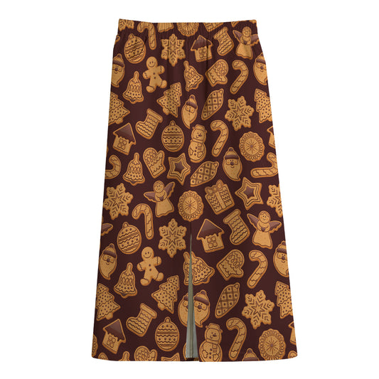 Christmas Cookies Pattern Print Cotton Front Slit Maxi Skirt