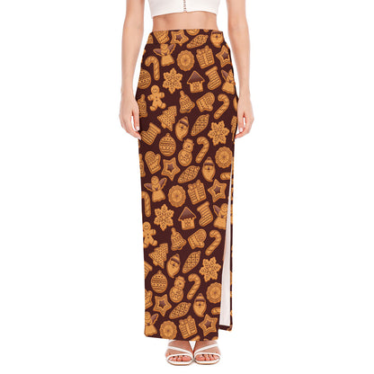 Christmas Cookies Pattern Print High Slit Maxi Skirt