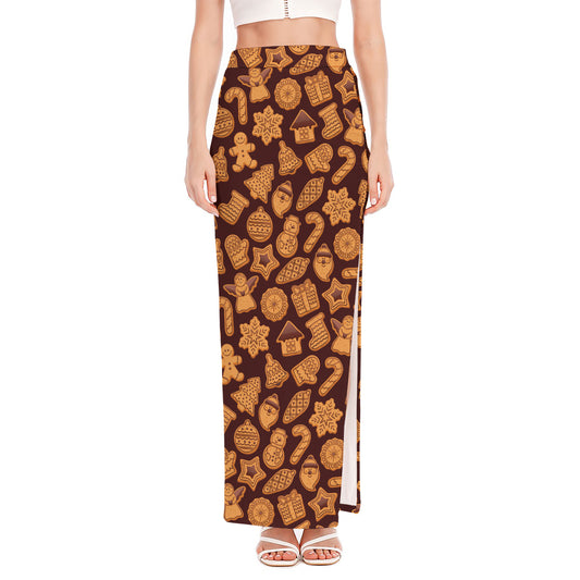 Christmas Cookies Pattern Print High Slit Maxi Skirt