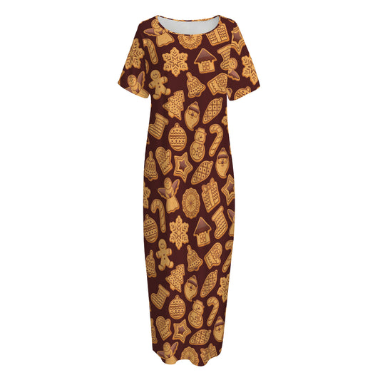 Christmas Cookies Pattern Print Short Sleeve Long Nightdress