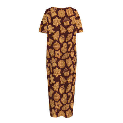 Christmas Cookies Pattern Print Short Sleeve Long Nightdress