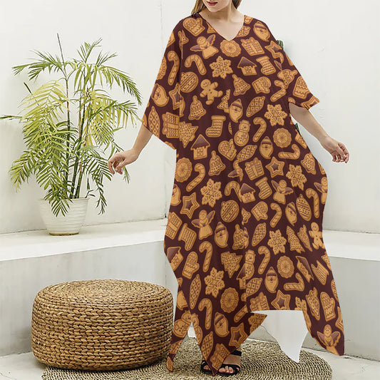 Christmas Cookies Pattern Print Silk V-Neck Kaftan Dress
