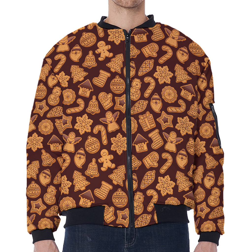Christmas Cookies Pattern Print Zip Sleeve Bomber Jacket