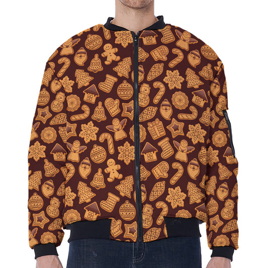 Christmas Cookies Pattern Print Zip Sleeve Bomber Jacket