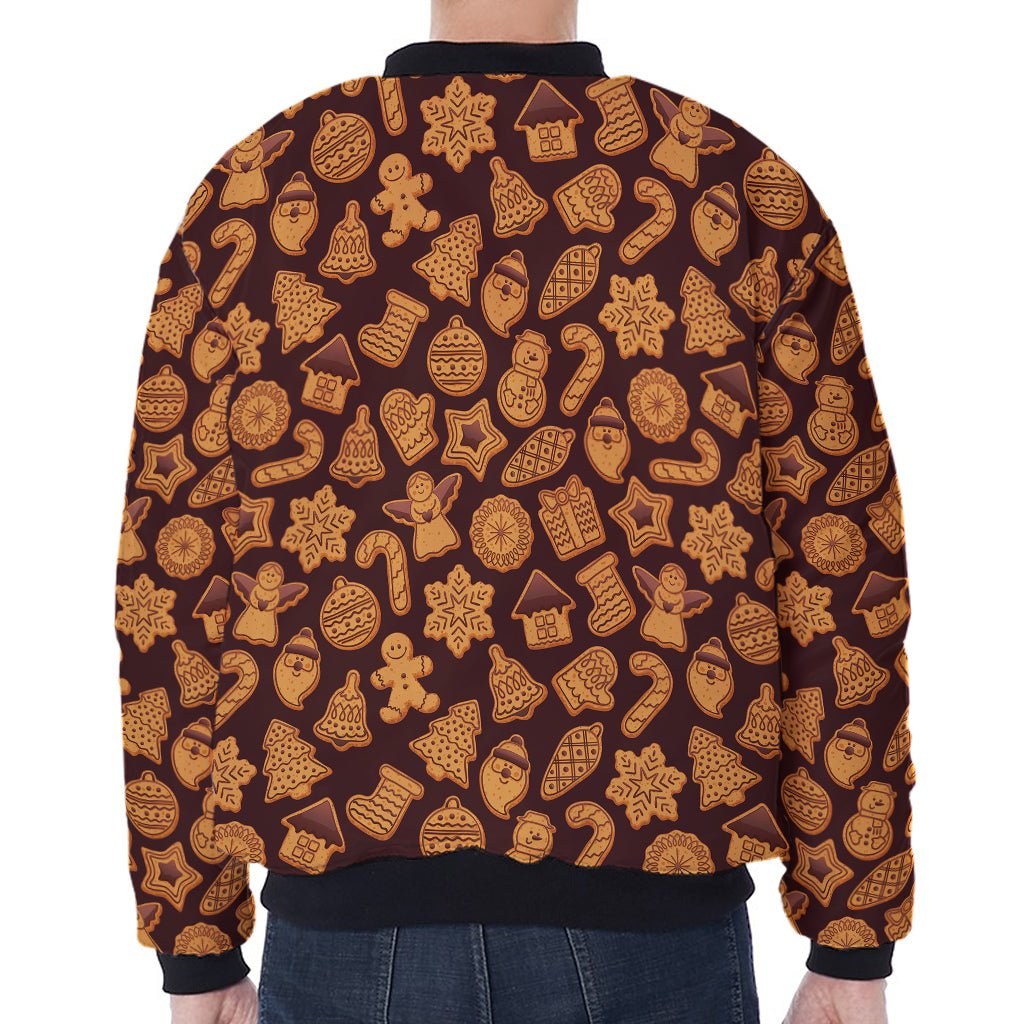 Christmas Cookies Pattern Print Zip Sleeve Bomber Jacket