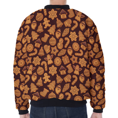 Christmas Cookies Pattern Print Zip Sleeve Bomber Jacket