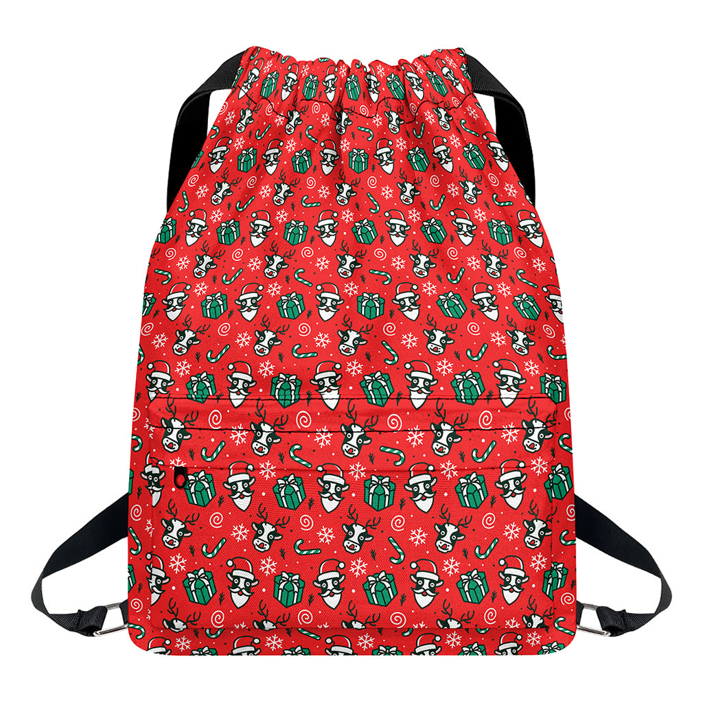 Christmas Cow Pattern Print Drawstring Backpack