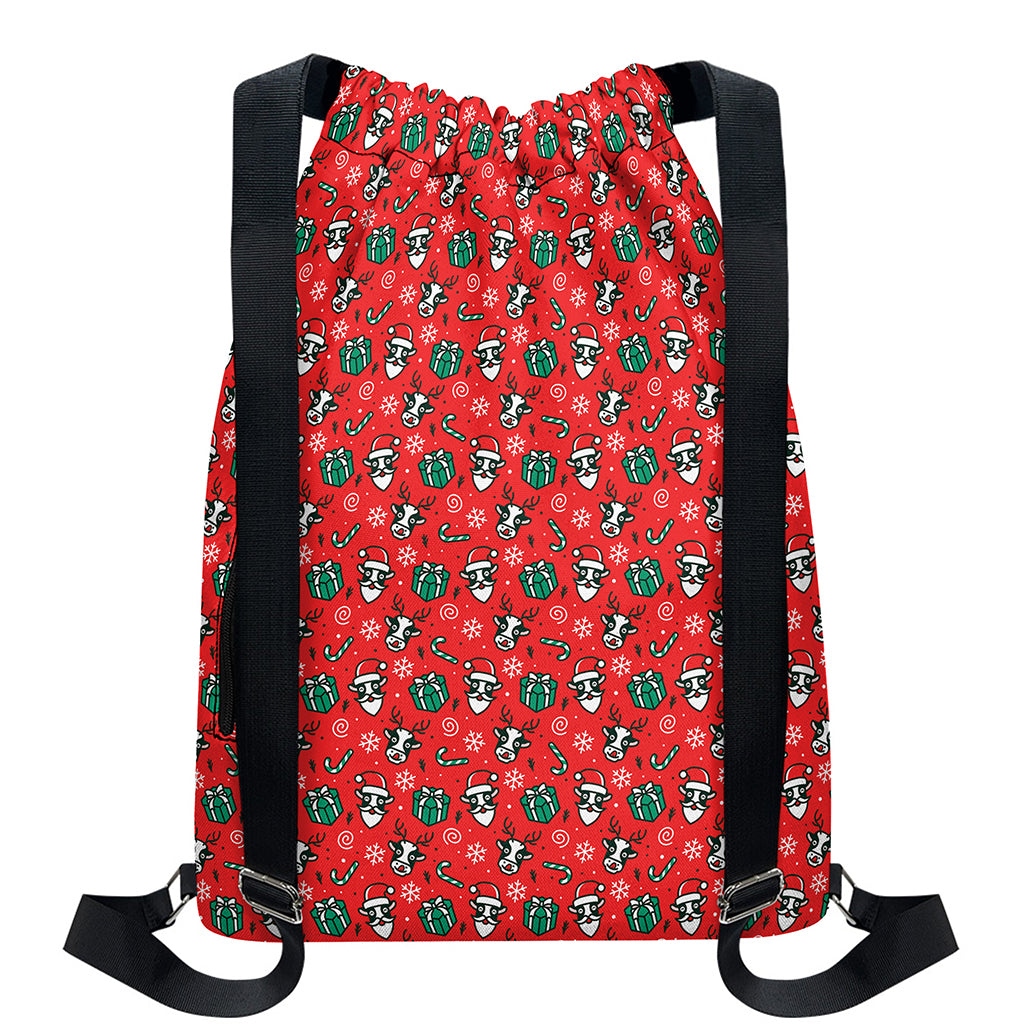 Christmas Cow Pattern Print Drawstring Backpack