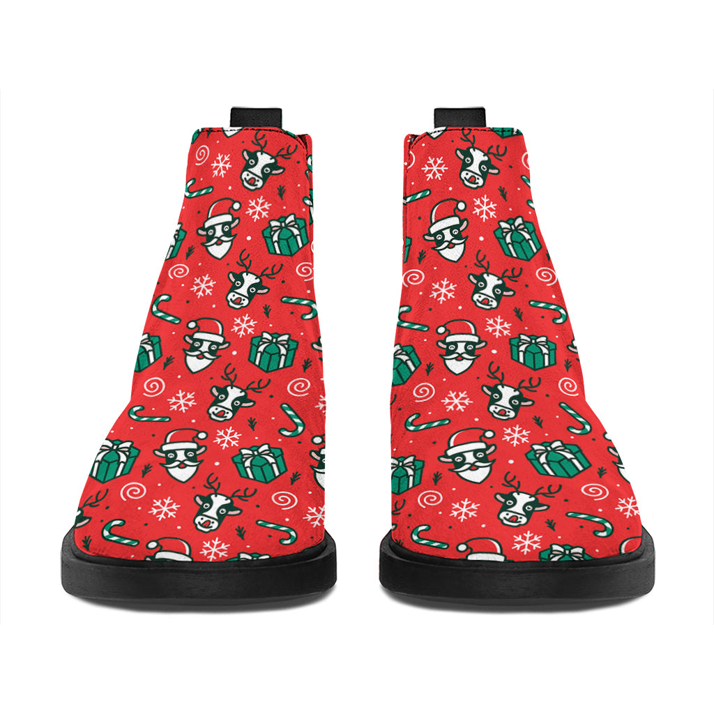 Christmas Cow Pattern Print Flat Ankle Boots