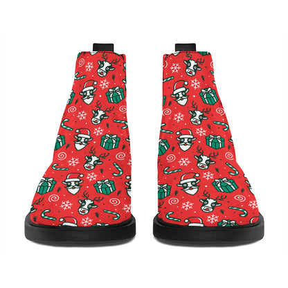 Christmas Cow Pattern Print Flat Ankle Boots