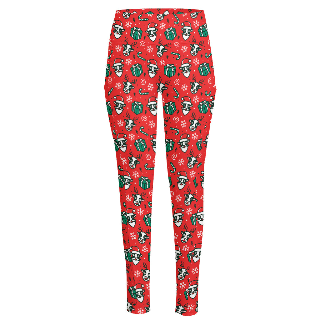 Christmas Cow Pattern Print High-Waisted Pocket Leggings