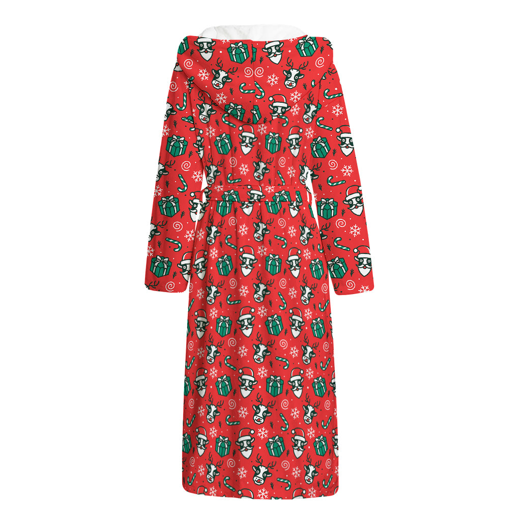 Christmas Cow Pattern Print Hooded Bathrobe