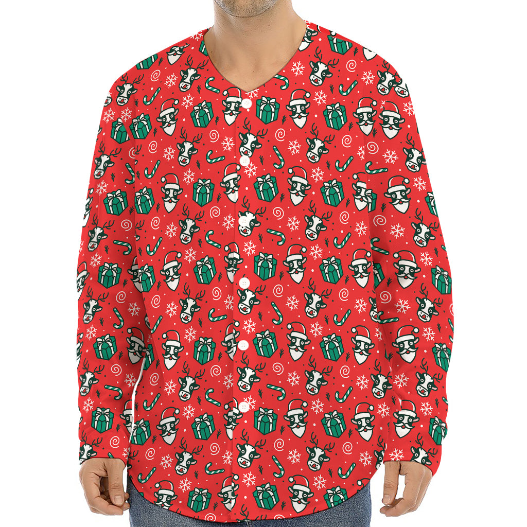 Christmas Cow Pattern Print Long Sleeve Baseball Jersey
