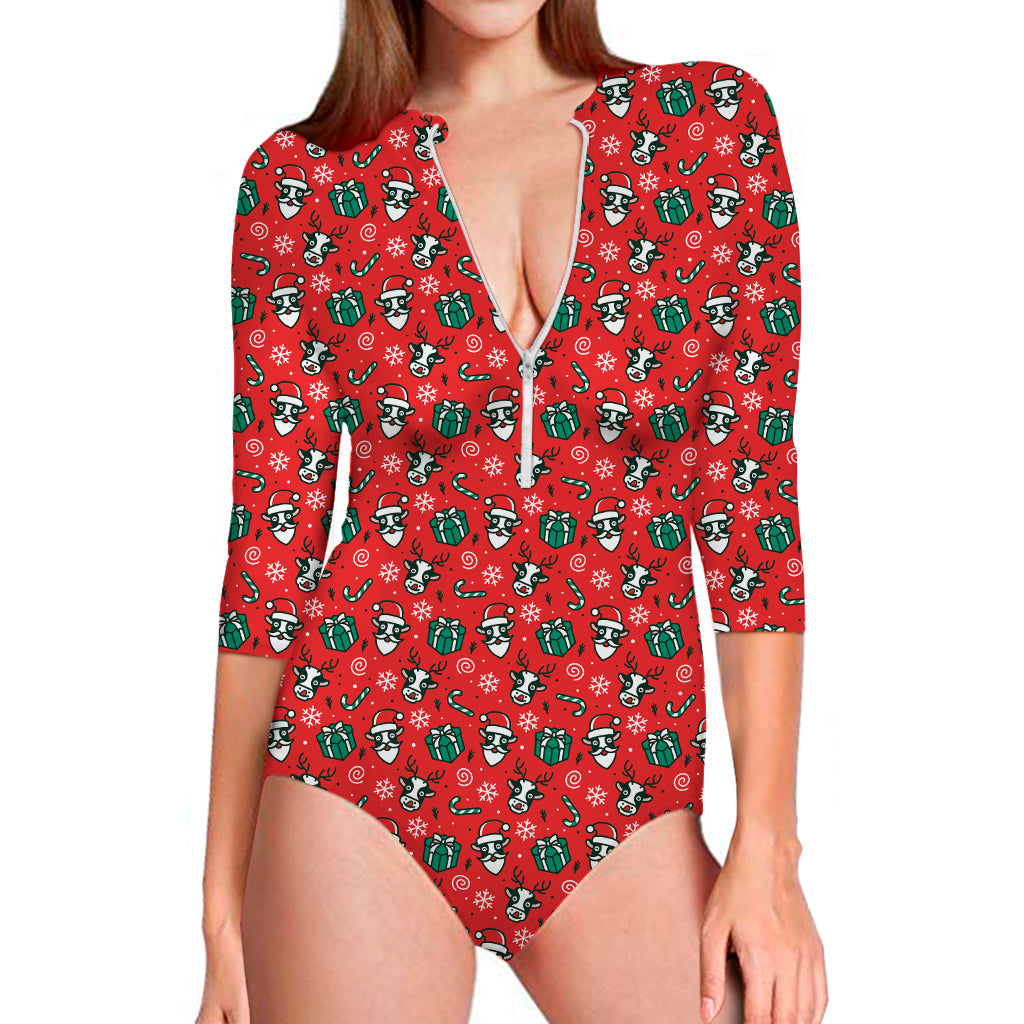 Christmas Cow Pattern Print Long Sleeve Swimsuit