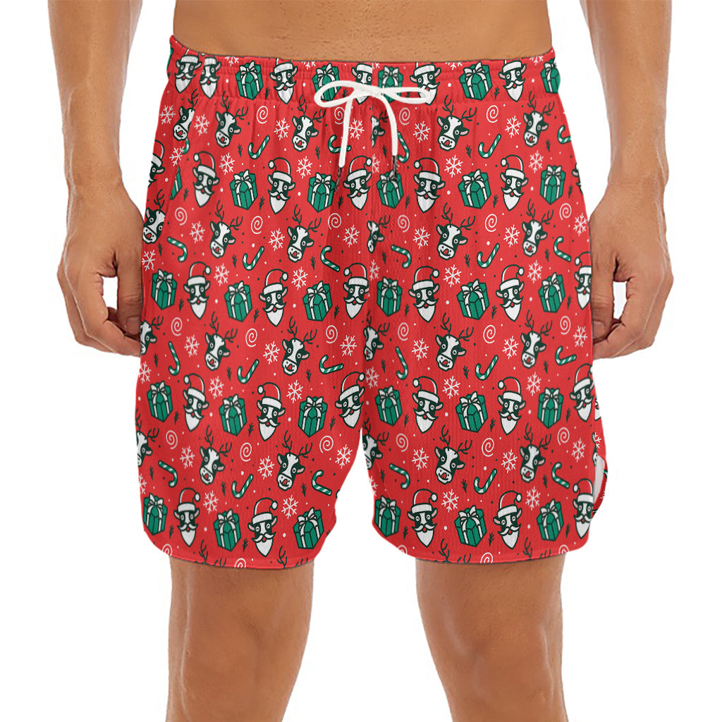 Christmas Cow Pattern Print Men's Split Running Shorts