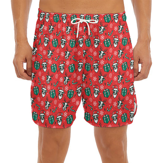 Christmas Cow Pattern Print Men's Split Running Shorts