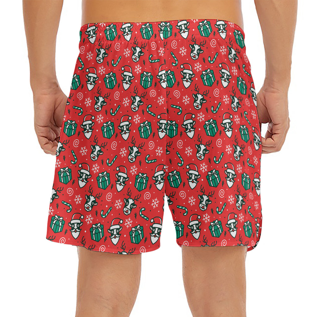 Christmas Cow Pattern Print Men's Split Running Shorts