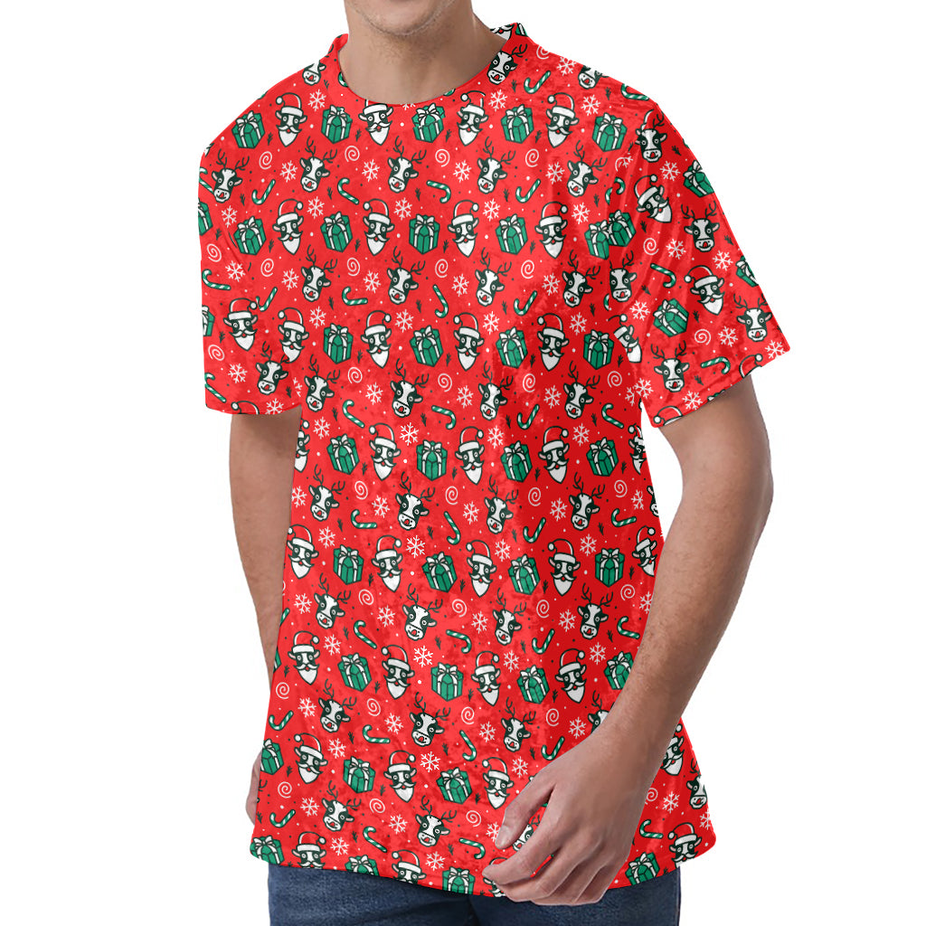 Christmas Cow Pattern Print Men's Velvet T-Shirt