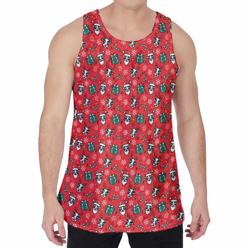 Christmas Cow Pattern Print Men's Velvet Tank Top