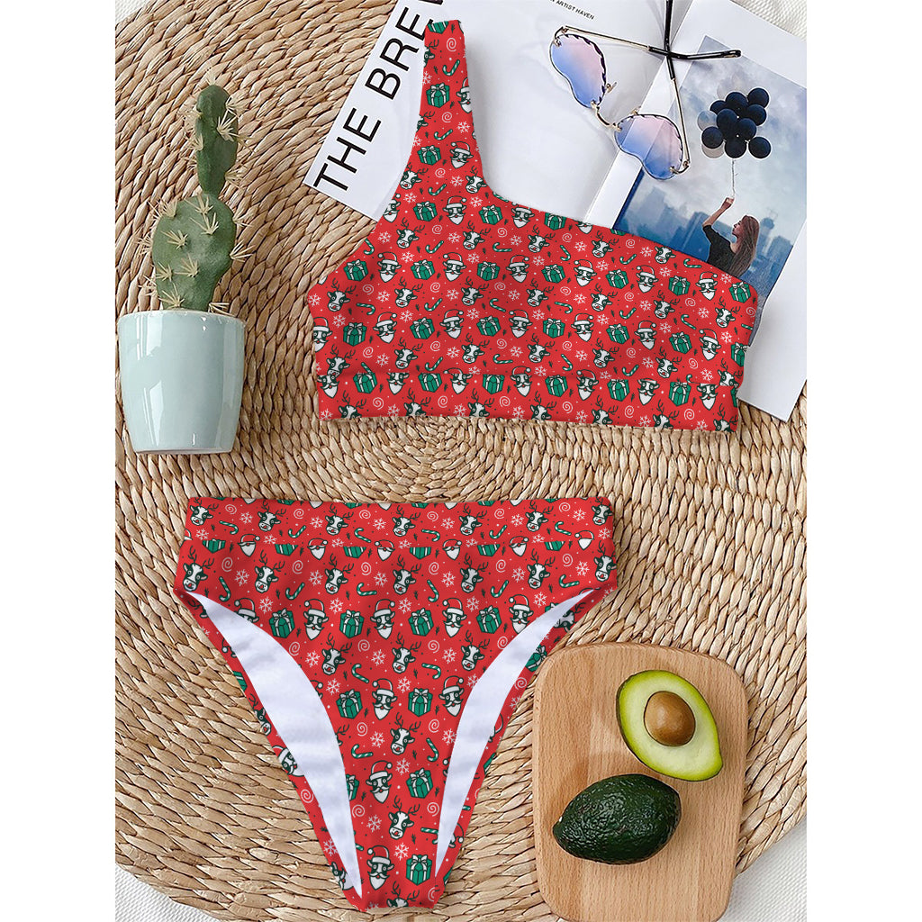 Christmas Cow Pattern Print One Shoulder Bikini Top