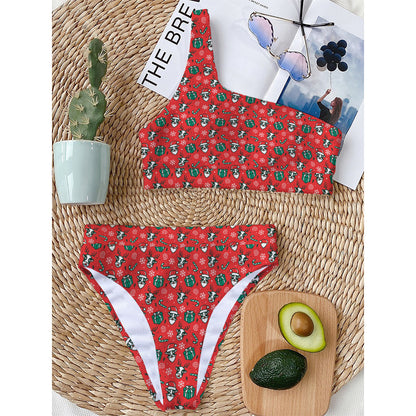Christmas Cow Pattern Print One Shoulder Bikini Top