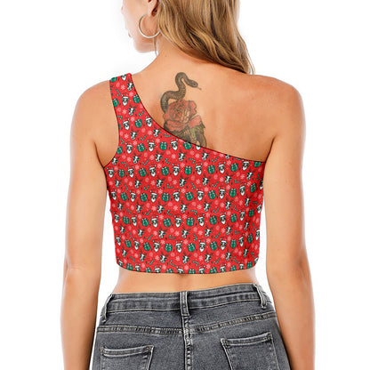 Christmas Cow Pattern Print One Shoulder Crop Top