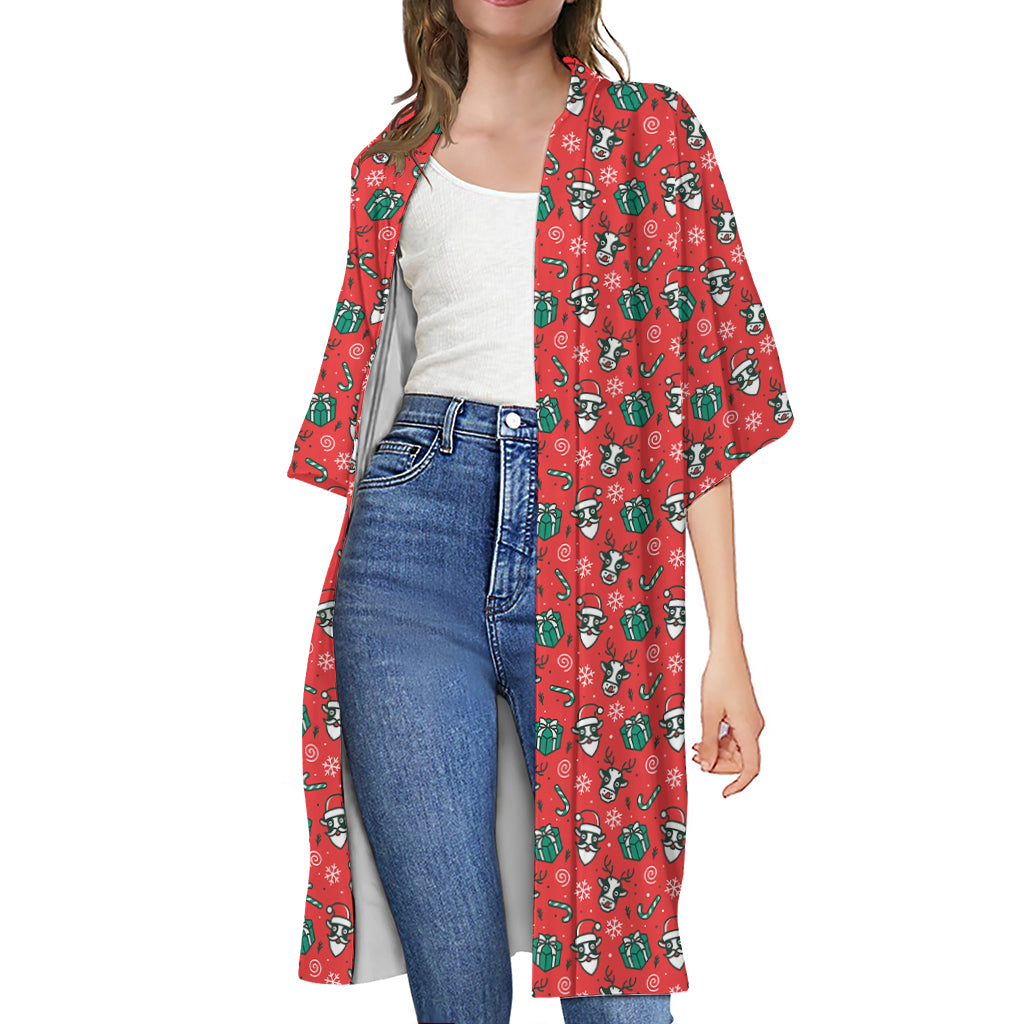 Christmas Cow Pattern Print Open Front Beach Cover Up