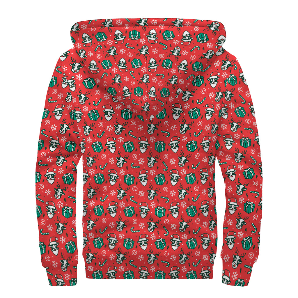 Christmas Cow Pattern Print Sherpa Lined Zip Up Hoodie