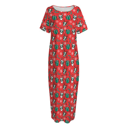 Christmas Cow Pattern Print Short Sleeve Long Nightdress