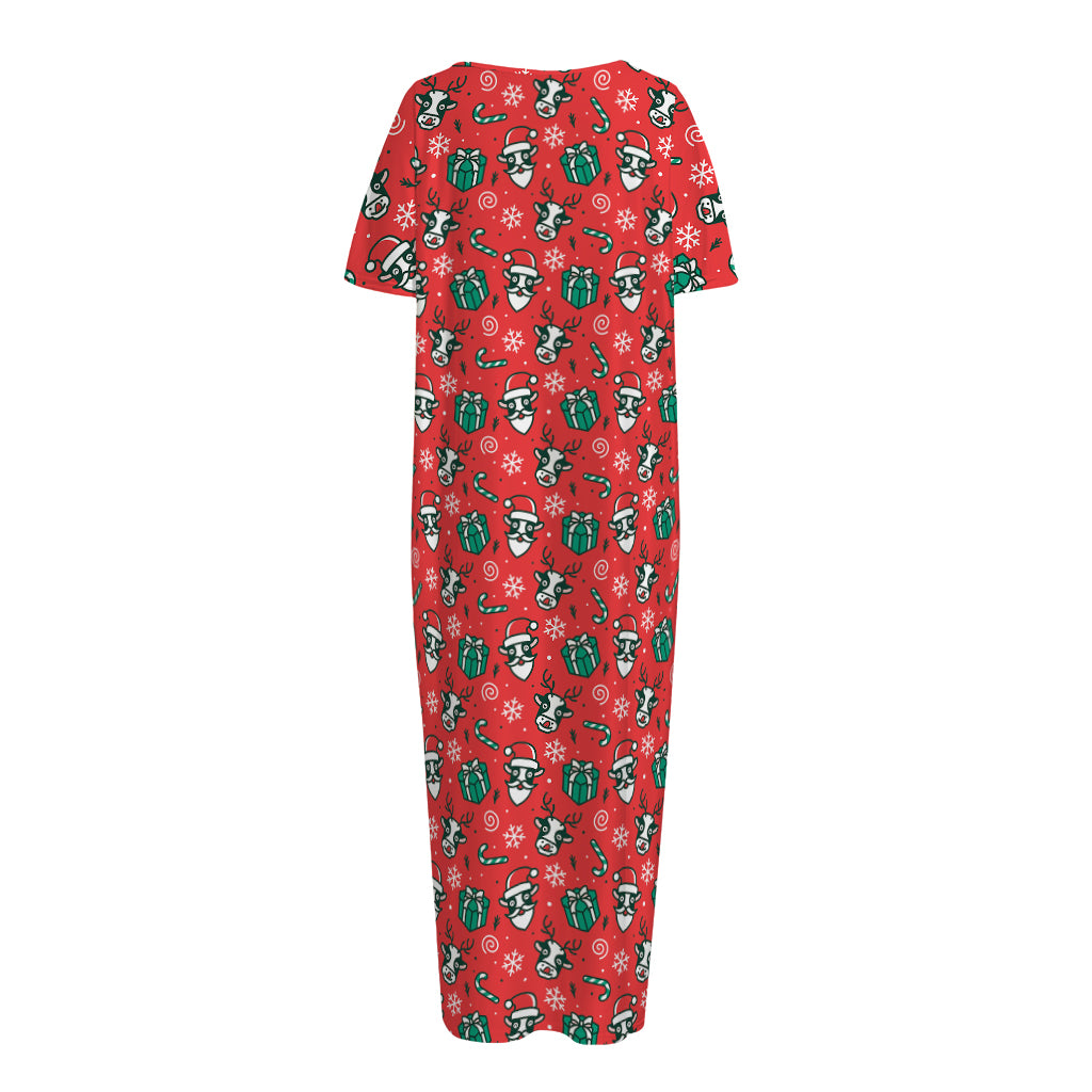 Christmas Cow Pattern Print Short Sleeve Long Nightdress