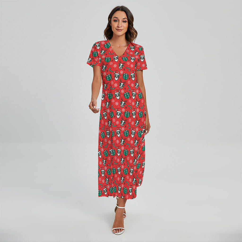 Christmas Cow Pattern Print Short Sleeve Maxi Dress
