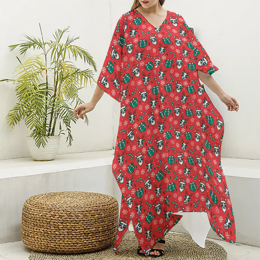 Christmas Cow Pattern Print Silk V-Neck Kaftan Dress