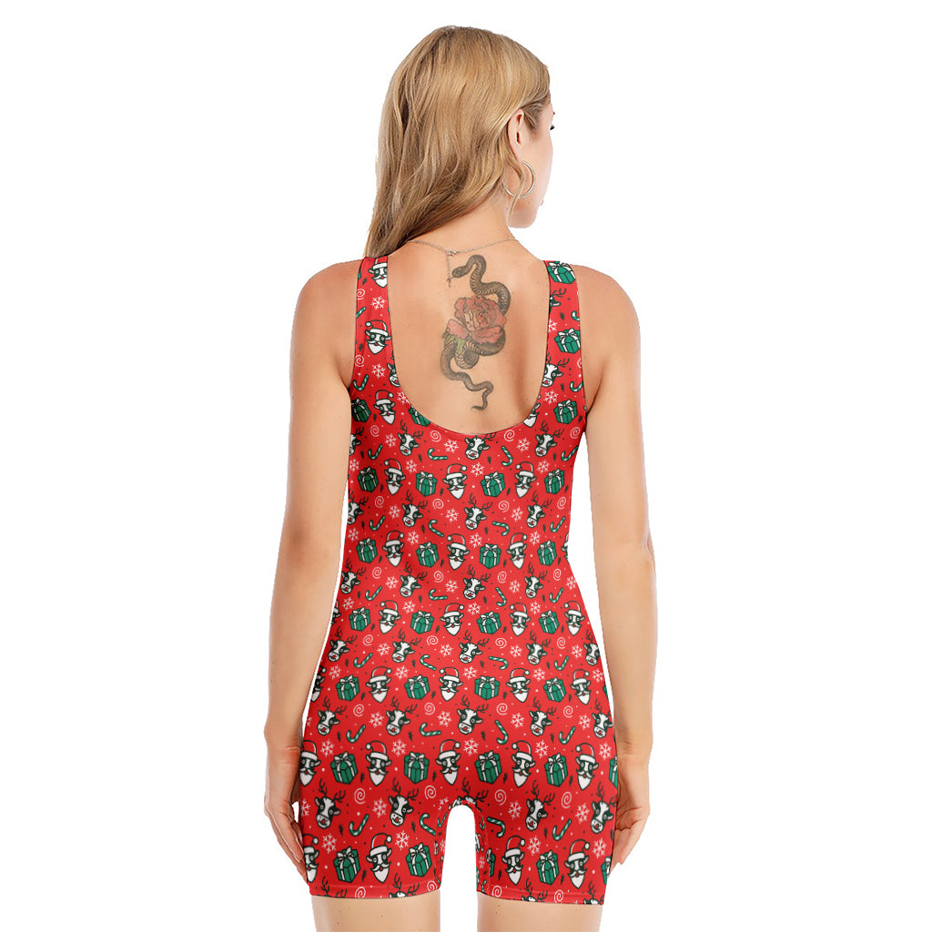 Christmas Cow Pattern Print Sleeveless One Piece Swimsuit