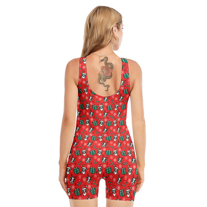 Christmas Cow Pattern Print Sleeveless One Piece Swimsuit