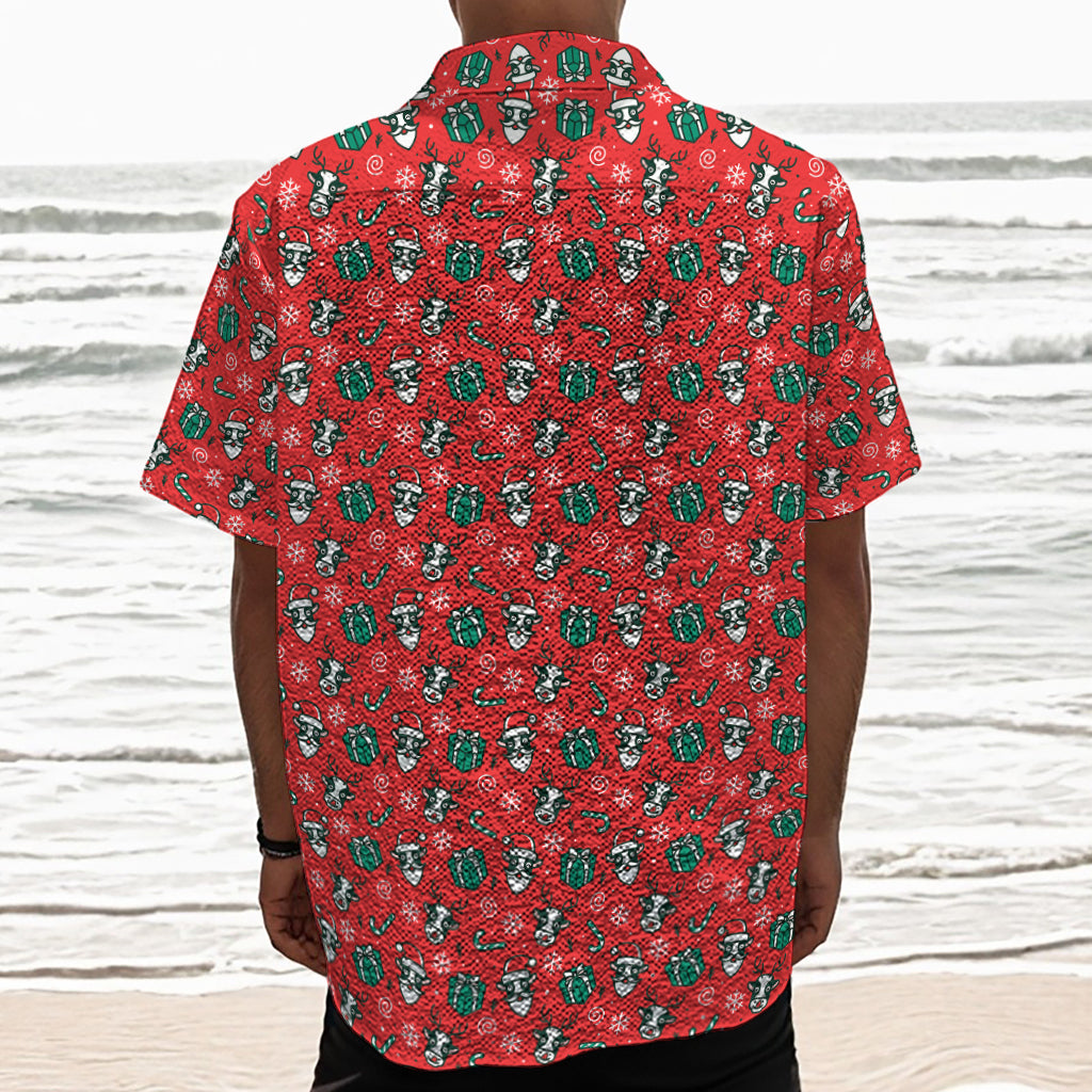 Christmas Cow Pattern Print Textured Short Sleeve Shirt