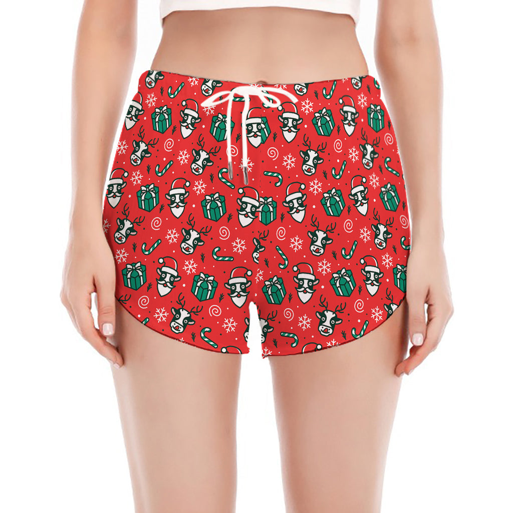 Christmas Cow Pattern Print Women's Split Running Shorts