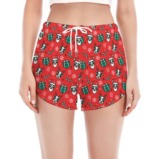 Christmas Cow Pattern Print Women's Split Running Shorts