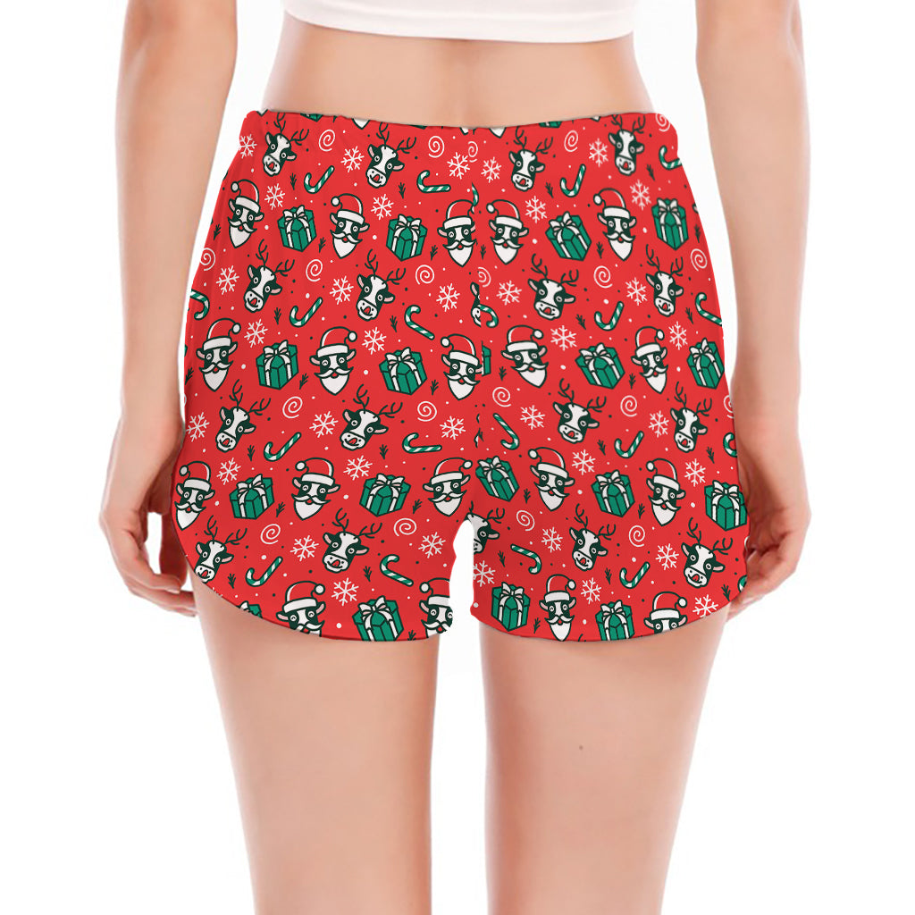 Christmas Cow Pattern Print Women's Split Running Shorts