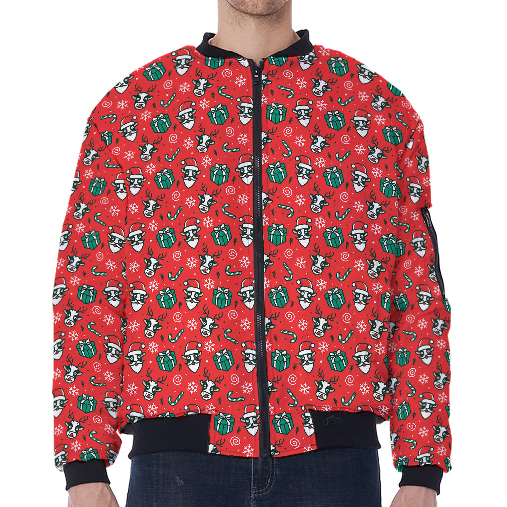 Christmas Cow Pattern Print Zip Sleeve Bomber Jacket
