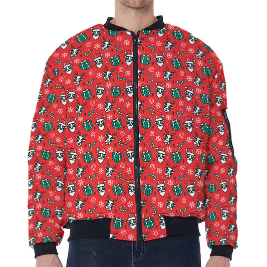 Christmas Cow Pattern Print Zip Sleeve Bomber Jacket