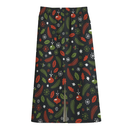 Christmas Decorations Pattern Print Cotton Front Slit Maxi Skirt