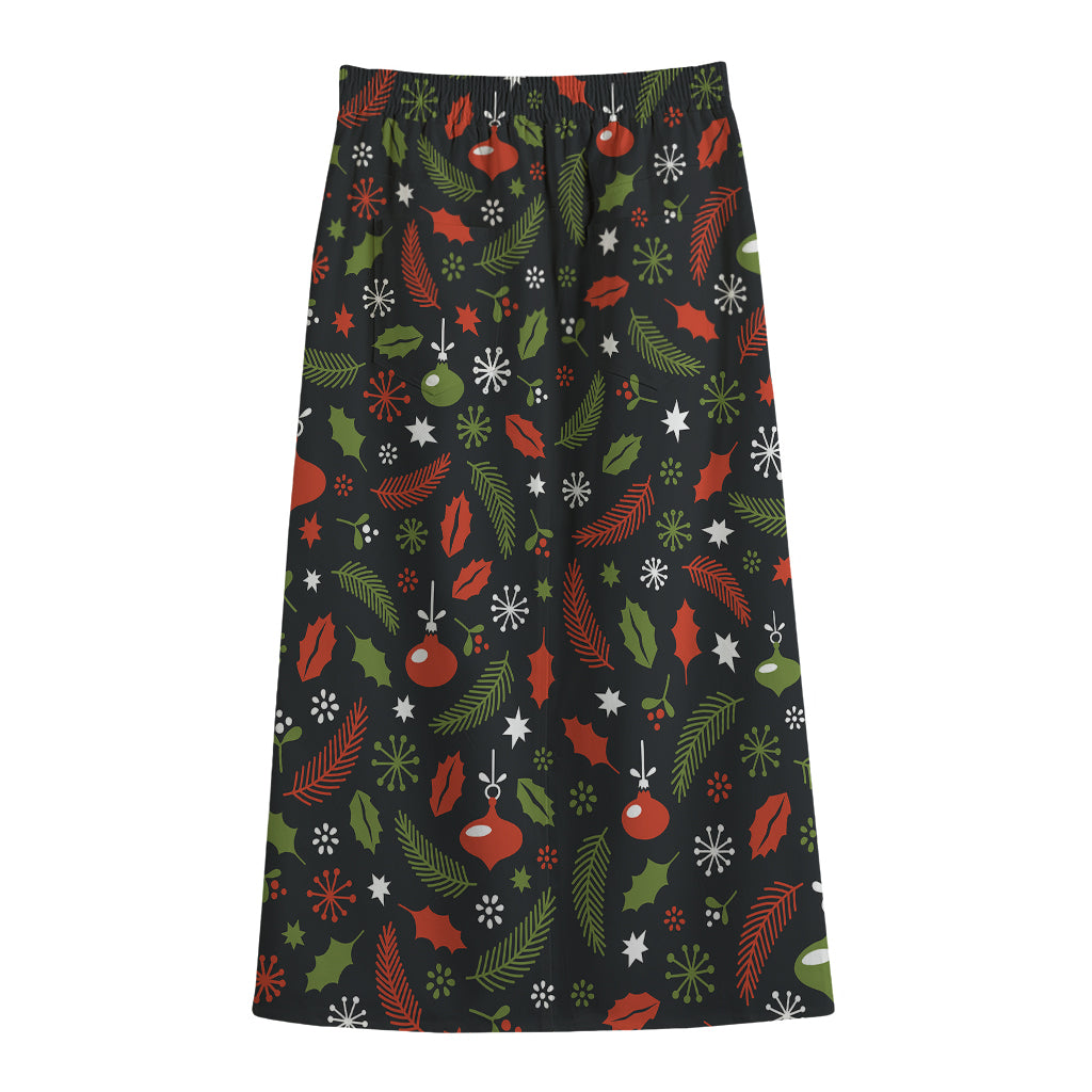 Christmas Decorations Pattern Print Cotton Front Slit Maxi Skirt
