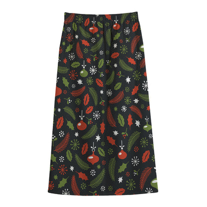 Christmas Decorations Pattern Print Cotton Front Slit Maxi Skirt