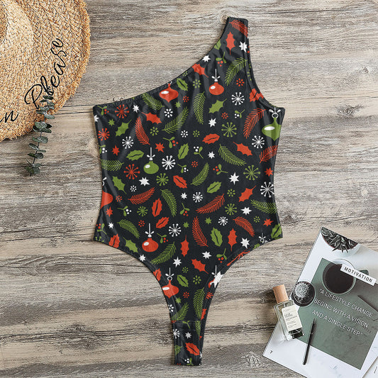 Christmas Decorations Pattern Print One Shoulder Bodysuit