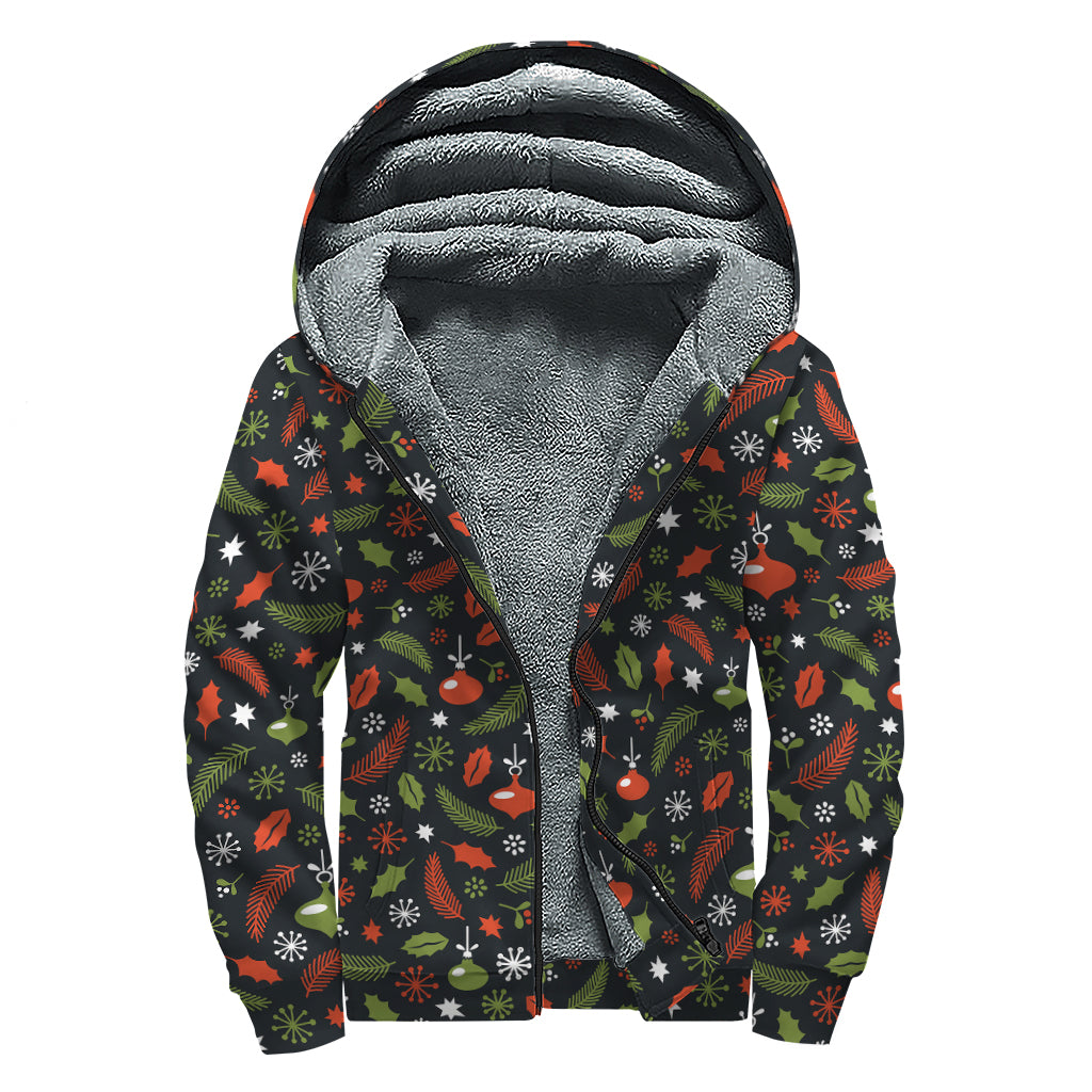 Christmas Decorations Pattern Print Sherpa Lined Zip Up Hoodie