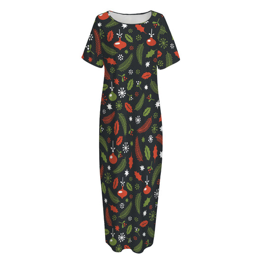 Christmas Decorations Pattern Print Short Sleeve Long Nightdress