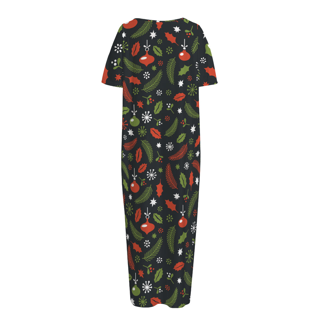 Christmas Decorations Pattern Print Short Sleeve Long Nightdress