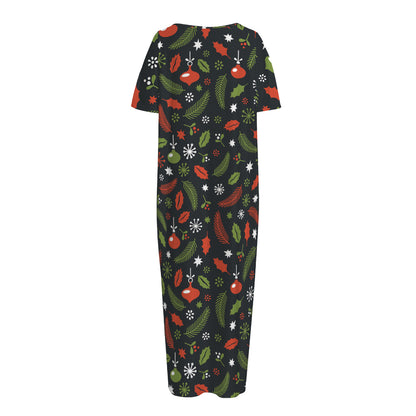 Christmas Decorations Pattern Print Short Sleeve Long Nightdress
