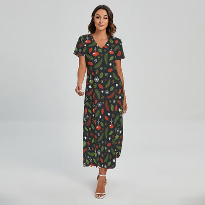 Christmas Decorations Pattern Print Short Sleeve Maxi Dress