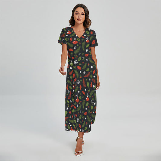 Christmas Decorations Pattern Print Short Sleeve Maxi Dress